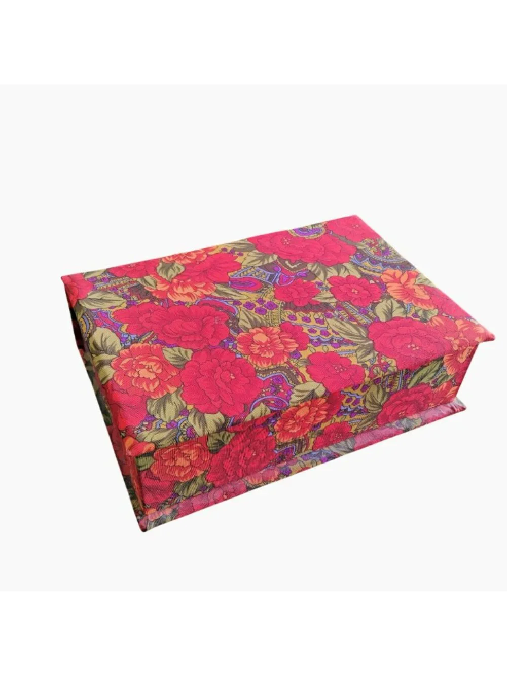 Vintage Floral Fabric-Covered Jewelry Box With Mirror & Compartments 11.5